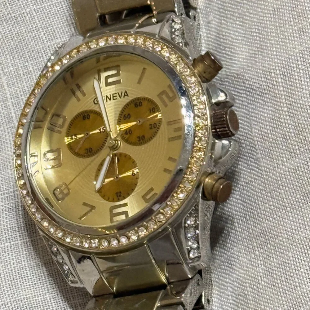 Geneva Two-Tone Rhinestone Watch Gold Silver Bracelet